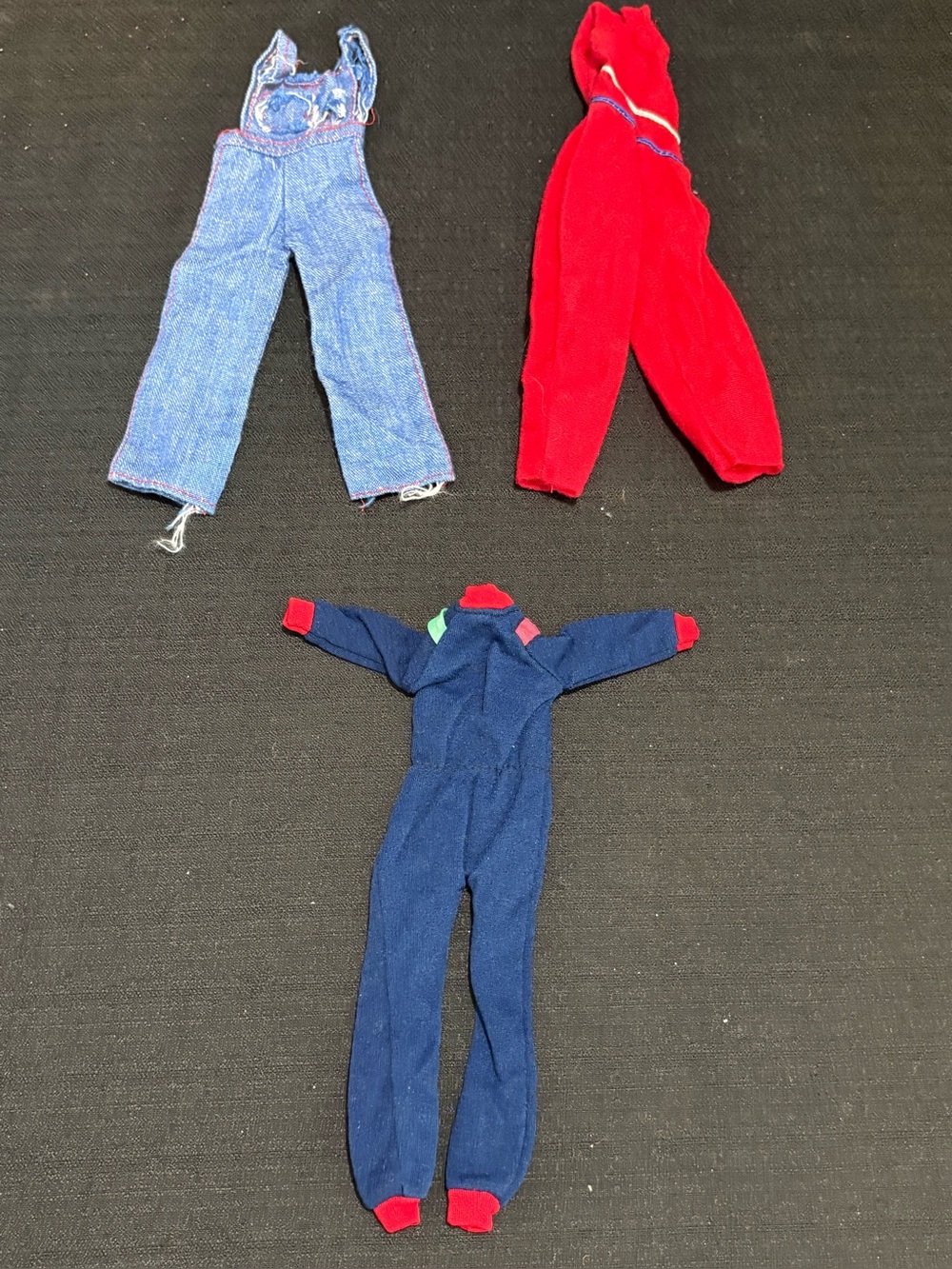 3 vtg Barbie, Midge & other Doll jumpsuits (denim one pockets coming unstitched)